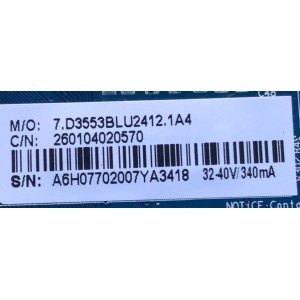MAIN FUENTE PARA TV WENSTINHOUSE / NUMERO DE PARTE 2601044020570 / CV3553BL-U24 / A6H07702007YA3418 / 7.D3553BLU2412.1A4 / DISPLAY PT236AT02-1 / MODELO WD24HJ1100